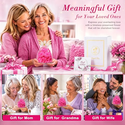 Beferr Gifts for Mom Birthday Gifts for Women, Fresh Flowers for Delivery Forever Preserved Rose in Glass Angel Figurine, Anniversary Christian Real Rose for Grandma Wife Mother from Daughter Son - color: I Rose Red