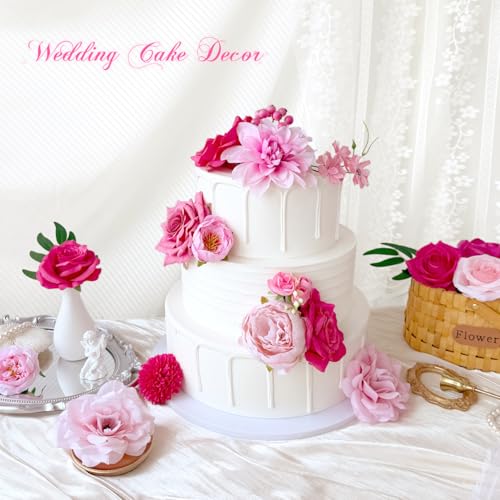 Fuschia Silk Artificial Flowers Combo Box Set Hot Pink Roses Flowers Dahlia DIY Bridal Wedding Bouquets Cake Boho Fake Floral with Stems Arrangements Baby Shower Party Table Centerpieces Decor Bulks - color: Hot Pink