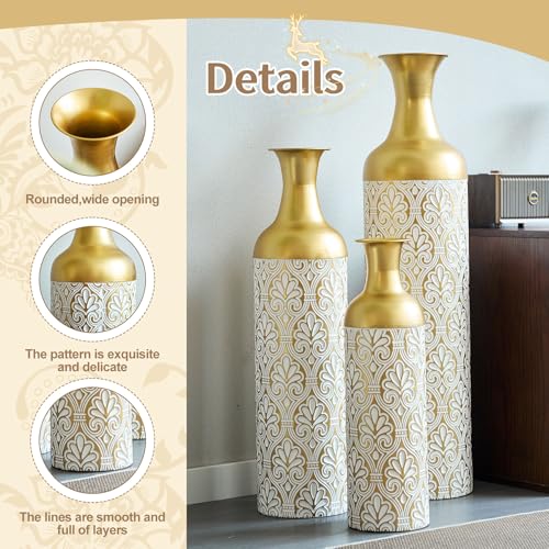 Tall Floor Vases Set of 3 for Decor Living Room Floor, White Vases Home Decor, Embossed Body Pattern, Geometric Cylinder (Gold 11) - color: Gold 11