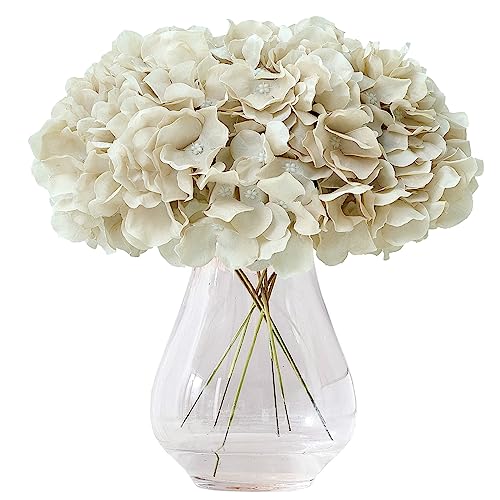 10Pcs Hydrangea Artificial Flowers Beige Heads Fake Silk Flowers Full Silk Flowers with Stems Wedding Home Party Shop Baby Shower Decor - color: 10pcs Beige, size: Large