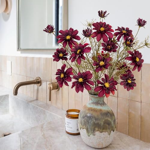 GnFlus Artificial Daisies Red Flowers Stems Gerbera Daisies Long Bouquet 5 Pcs Fake Silk Florals Daisy 27.5 Inch for Home Table Wedding Centerpieces Thanksgiving Burgundy - color: Dark Red Color