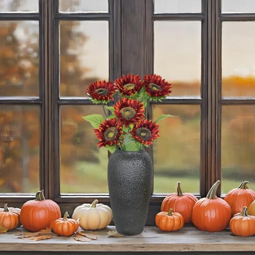 Olrla Long Stem Artificial Sunflowers 6pcs, Red Silk Faux Sunflower for Flowers Arrangement Wedding Bouquet Table Centerpieces Home Office Decoration（NO VASE） - color: Red Long Stem