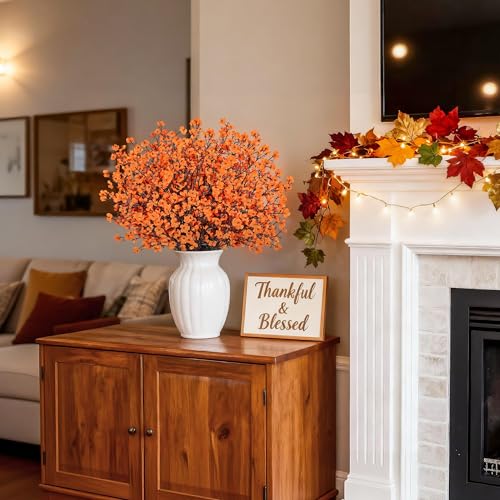 Der Rose 10Pcs Fake Fall Flowers Orange Baby Breath Artificial Flowers Real Silk Floral Arrangement Stems for Thanksgiving Table Centerpieces Home Kitchen Mantle Porch Outdoor Decorations - size: 10-Orange Baby Breath