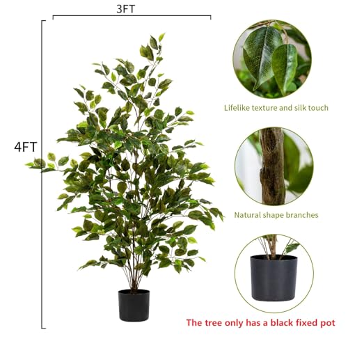 Bailikang Artificial Ficus Tree Indoor 4ft, Large Potted Faux Tree with Realistic Silk Leaves & Trunk for Home Office, Living Room Corner Decor - color: Green, size: 4ft