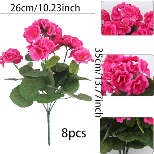 CITYES 8 Pcs Artificial Geraniums Flowers Silk Geraniums for Outdoors UV Resistant Artificial Geranium Bush Rose Red Faux Flowers Plant for Planter Garden Home Decor Patio Vase Table Centerpiece - color: Rose Red