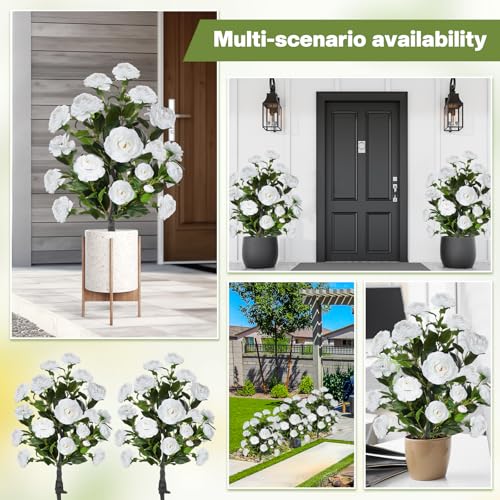 Lunmon 2 Pack 3ft Artificial Camellia Plants Tree 36" Faux Camellia Flower with Spike UV Resistant Realistic Fake Floral Blooming Bush for Indoor Outdoor Front Door Porch Backyard Garden, White - color: White, size: 3 ft