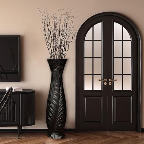 Tall Black Floor Vase 30 inches, Handmade Large Ceramic Vases for Home Decor Living Room, Feather Pattern Decorative Vases Wide Mouth Opening Corner Vase for Pampas Grass - color: Black Feather Pattern