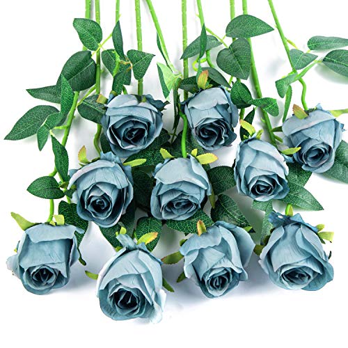 10pcs Artificial Rose Flowers Long Stem Fake Silk Roses for DIY Wedding Bouquet Table Centerpiece Home Decor (Blue) - color: Blue