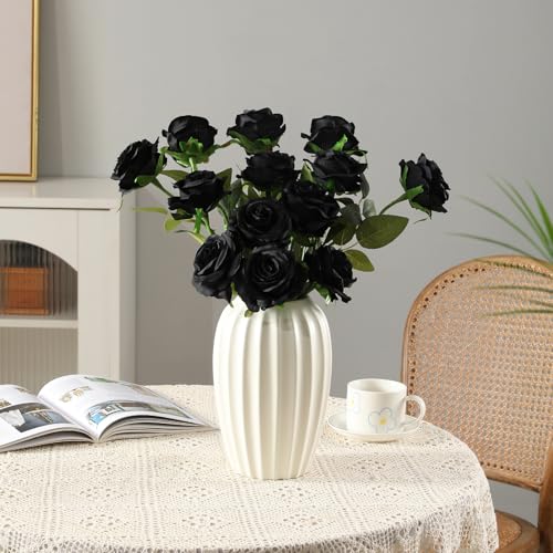 Tifuly Black Roses Artificial Flowers -12 pcs Realistic Single Long Stem Fake Silk Roses Bouquet for Party Home Wedding Centerpiece Office Halloween DIY Decor - color: Black