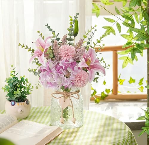 Faux Flowers with Vase, Artificial Silk Flowers in Vase for Mom Gifts, Fake Pink Lily, Hydrangea and Dandelion, Arrangement for Home Spring & Summer Decor Dining Coffee Table Centerpiece Decorations - color: Purple & Pink