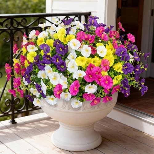 Bassion Artificial Flowers for Outdoors, 20 Bundles Silk Fake Flowers UV Resistant Realistic Morning Glory Faux Eucalyptus Plants for Outside Planters Porch Window Box Garden Indoor Decor - color: Mix Color
