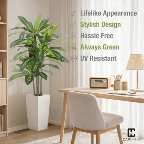Fencer Wire Artificial Dracaena Tree 4FT – Tall Faux Dracaena Floor Plant in White Planter, Low Maintenance Indoor Tree for Living Room Office Corner - size: 4 FT