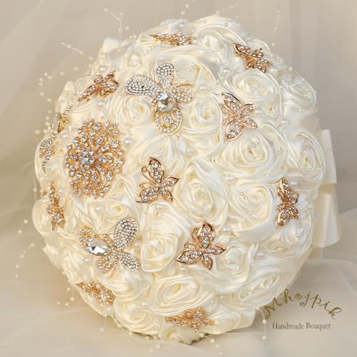 Handmade Wedding Flowers Bouquet Round Holding Bridal Bouquet Artificial Satin Roses Bunch for Bride Bridesmaid Wedding Quinceanera (Ivory, 7.5") - color: Ivory, size: Small (Dia. 7.5"/19cm)