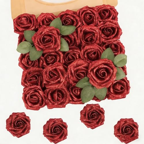 30Pcs Red Artificial Crystal Rose Artificial Flowers, Realistic Fake Crystal Roses for Wedding Center Decorations, Party Home Decorations, Valentine's Day, Bouquets. - color: 30pcs Red
