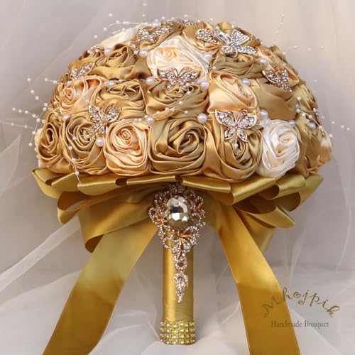 Handmade Wedding Flowers Bouquet Round Holding Bridal Bouquet Artificial Satin Roses Bunch for Bride Bridesmaid Wedding Quinceanera - color: Gold, Light Gold & Cream, size: Medium (Dia. 8.7"/22cm)