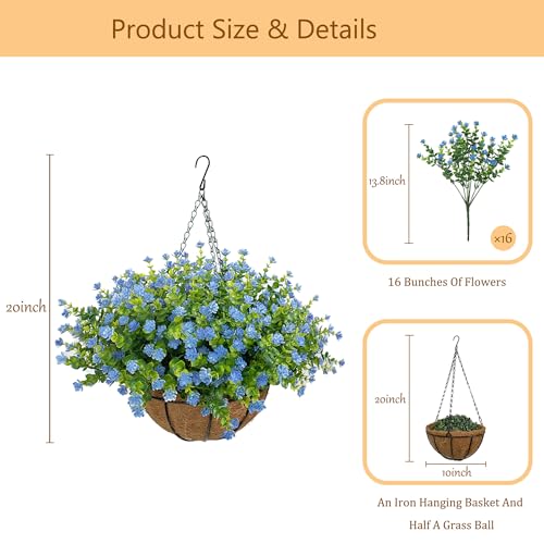 NETAP Artificial Hanging Flowers Basket for Outdoor, 16 Fake Flowers Look Real UV Resistant, Faux Hanging Plants for Porch, Balcony, Patio, Garden, Spring Summer Decor,Blue - color: Blue