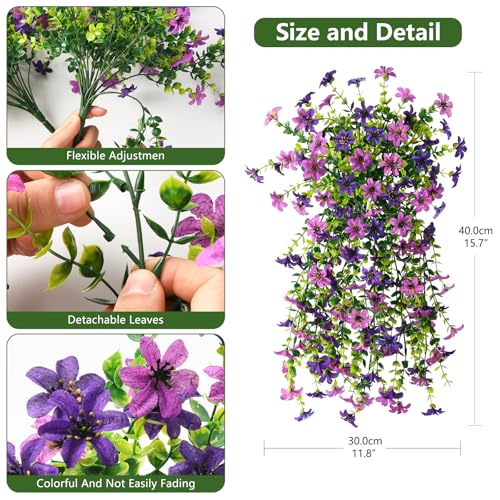 Homsunny Artificial Fake Hanging Flowers Plants for Outdoor Spring Summer Decoration, 2 PCS Faux Silk Flower Outside Planter UV Resistant Look Real for Front Patio Porch Home Decor (Double Purple) - color: Double Purple
