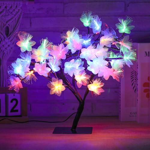 Fiber Optic Flower Tree Lamp - 48 LED Table Night Light USB Powered Artificial Flower Bonsai Tree Lamp Bedroom Living Room Decor Valentine's Day Birthday Gift for Women Girls Mother (Multicolor) - color: Multicolor