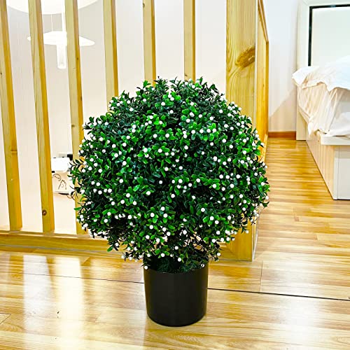 Sunnyglade 21.6” Tall Artificial Jasmine Topiary Ball Tree Set of 2 Pack Potted Bushes UV Resistant Potted Plants for Indoor Outdoor Home Garden (White) - color: White