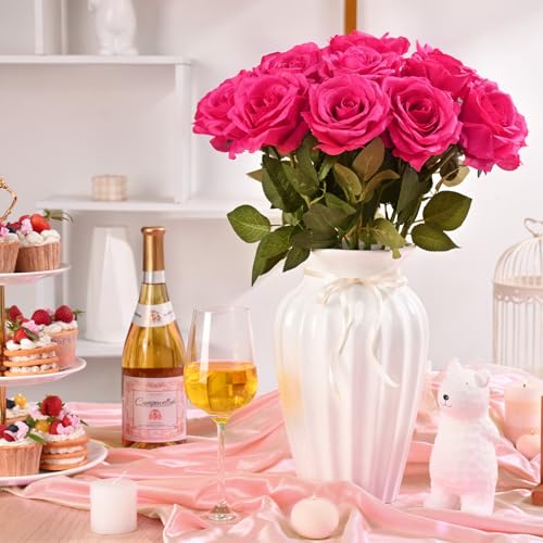 Waipfaru 16 Pcs Fuchsia Roses, Long Stem Fake Roses Artificial Flowers, Silk Flowers Bouquet for Valentines Mothers Day Hotpink Home Decor (Fuchsia) - color: Fuchsia, size: 16 Pcs