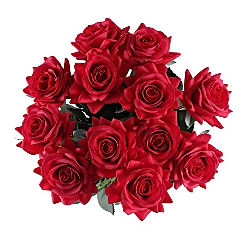 ZMZQ&flw Red Roses Artificial Flowers 12PCS, Real Touch Silk Flowers, Realistic Single Fake Flower with Stems Leaves - color: Red 12pcs