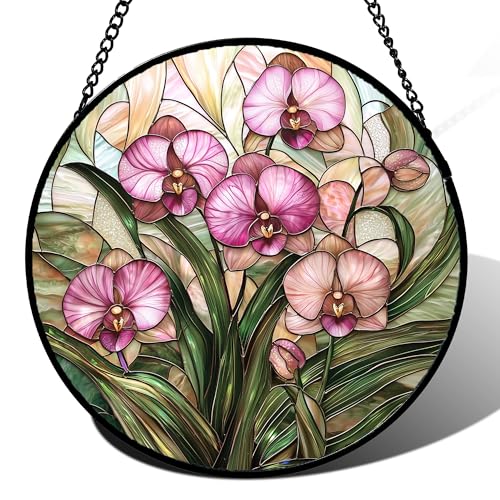 Stained Glass Window Hanging - Pink Phalaenopsis Orchid Green Leaves Sun Catcher for Door Home Decor Flower Suncatcher Christmas Mother's Day Birthday Gifts for Women Men Mom Nana 7.8 in - color: Pink, size: 7.8x7.8 IN