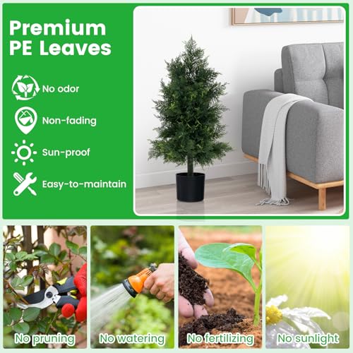 Goplus 31.5'' Artificial Cedar Topiary Trees for Outdoors, Potted Fake Cypress Trees with Cement Plastic Pot, Faux Cedar Pines Evergreen Plants for Indoor Home Front Porch Decor - size: 2ft 8in