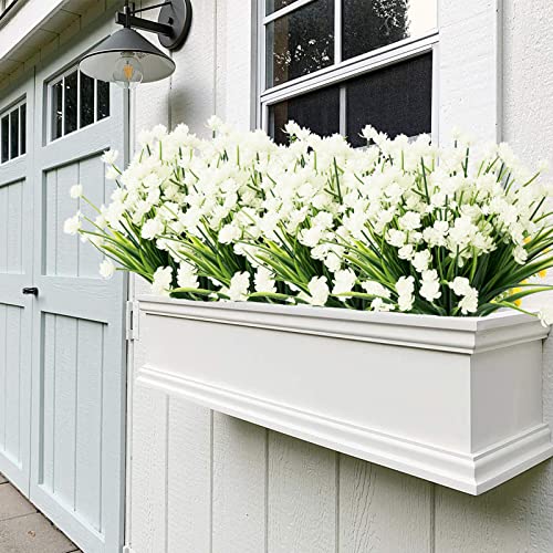 Outdoor Artificial Fake Flowers - 8 Bundles Plastic Flowers Outdoors Plants UV Resistant Faux Flowers for Indoor Outdoor Garden Hanging Porch Window Box Wedding Decor(White) - color: White, size: 8 Bundles