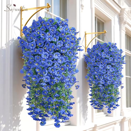 Serwalin Artificial Hanging Flowers for Outdoors UV Resistant, 4PCS Faux Morning Glory Fake Outdoor Flowers Realistic Silk Flower Faux Plants for Outside Planter Front Door Porch Patio Yard Decor - color: Blue