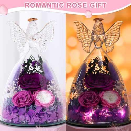 Mothers Day Rose Gifts for Women Preserved Real Flower in Glass Angel Figurines Roses for Delivery Prime Birthday Gifts for Mom Grandma Girlfriend Wife Her, Purple Austin Roses - color: Purple With Austin Roses
