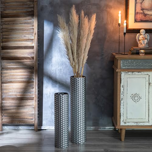 Sziqiqi Silver Tall Floor Vase: 27.6/21.7in Metal Cylinder Vases Extra Large Decorative Vase Set of 2 Living Room Modern Honeycomb Texture Big Standing Decor for Dining Bedroom Home Corner Indoor - color: Silver