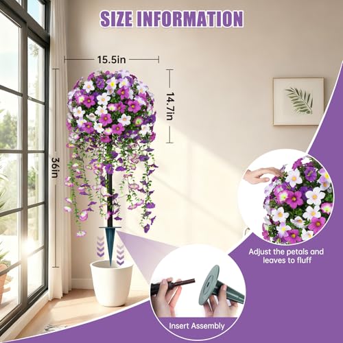 Yangrass Artificial Topiary Ball Trees with Purple Morning Glory Flowers, 3FT Artificial Bushes Faux Outdoor Plants Set of 2 with Ground Spike, UV Resistant Fake Shrubs for Front Porch Garden - color: Purple Morning Glory