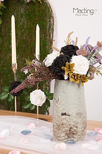 MACTING 30PCS Artificial Flower Roses Black and White Fake Flowers with Stem Real Touch Foam Roses for Wedding Kissing Ball Corsage Party Baby Shower Home Christmas Decorations - color: 15pcs Black + 15pcs White, size: 30PCS