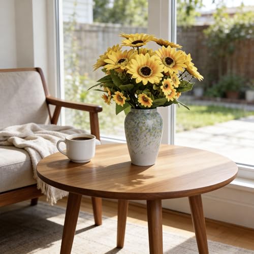 14" Artificial Sunflowers Arrangement in Green & Blue Speckled Ceramic Vase – Faux Sunflower Floral Centerpiece for Spring Home Décor, Tabletop, Shelf & Office Decoration