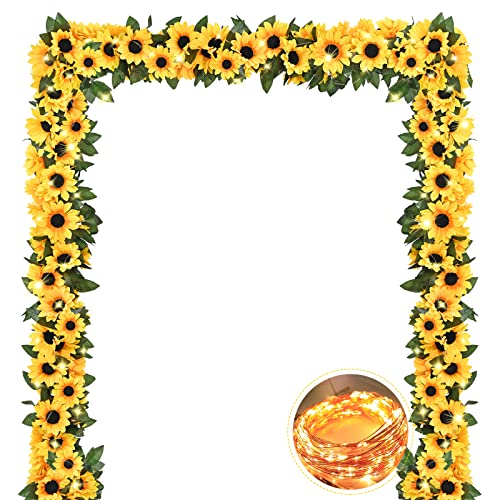 4 Pack Artificial Sunflower Garland Decor with Lights, Sunflower Vines Hanging Flowers Garland with Green Leaves, Fake Yellow Flower Vines Room Wedding Party Decoration(4 Pack) - color: Yellow With Lights, size: 4 Pc