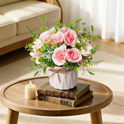 Pink Artificial Silk Roses with Ceramic Vase, No Maintenance Faux Flower Arrangement, 6.3 Inch Realistic Table Decor for Home Office Wedding - color: Pink