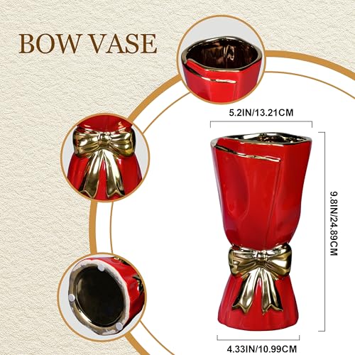 Bow Red Vase for Flower, Modern Ceramic Vase for Pampas Grass, 10 Inch Decorative Vases Home Decor, Festive, Bathroom, Centerpiece for Holiday Table and Party Decor - color: Red, size: 10 inch