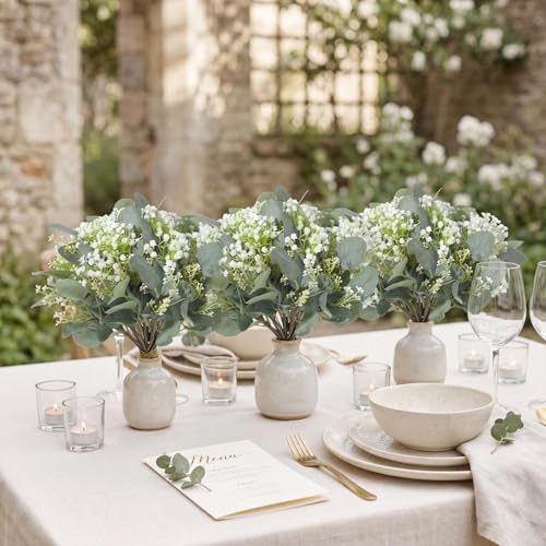 Hotop 100 Pcs Mixed Eucalyptus Leaves Stems Bulk Artificial Silver Dollar Greenery for Bouquet Faux Plant Branches for Wedding Bridal Bouquets Vase Floral Arrangement Home Decor