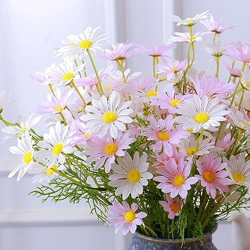 NatureMan Artificial Flowers 12 Bundles Artificial Silk Daisy UV Resistant Outdoor Fake Wildflowers with Stems Daisy Arrangements for Home Hotel Office Garden Decoration (White, Pink) - color: White, Pink
