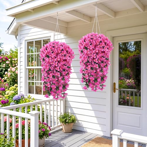 ATTGREAT Artificial Bougainvillea for Outdoors Faux Plants UV Resistant Flowers Fake Plastic Plants Realistic Silk Flowers for Porch Planter Garden Outside Hanging Decoration, 2Pcs (Purple Red) - color: Purple Red