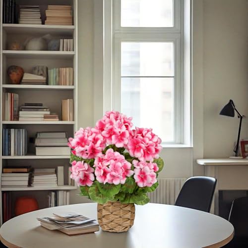 Briful Artificial Geraniums Flowers Potted Plant - 13.7'' Tall Faux Pink Silk Realistic Lush Geraniums Flowers in Basket, Indoor&Outdoor Decorative Plant, Farmhouse Home Porch Office Patio Table - color: Pink, Basket