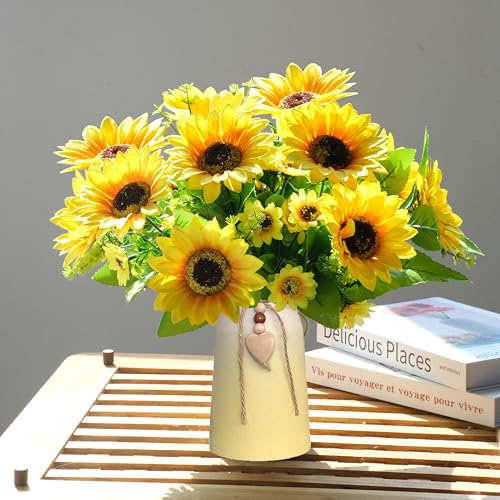 Artificial Sunflower Arrangement in Ceramic Vase – Fake Silk Sunflowers Table Centerpiece Decoration, Stylish Artificial Flowers with Vase for Home Table Dining Room - color: Yellow Vase
