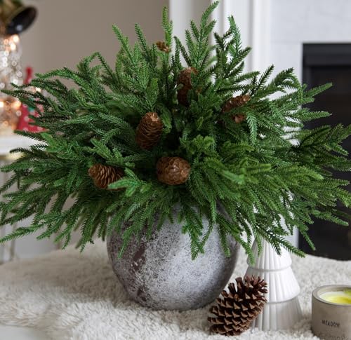 florisso Artificial Christmas Norfolk Pine Stems Branches for Vases,12 Bundles Faux Pine Branches with 5 PCS Big Fake Pinecones Stems Greenery Evergreen Real Touch for Holiday Winter Table Xmas Decor - color: Big Pine Cones