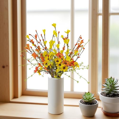 RHN Fall Decorations for Home,6 Pcs Fall Flowers Artificial with Daisies Forsythia Flowers Berry Leaf Stem for Autumn Harvest Thankgiving Home Table Vase Centerpiece Decor（Yellow Orange） - color: Yellow Orange