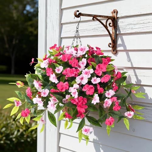 Hommyea Artificial Fake Hanging Flowers Plants Basket for Outdoors Outside Decoration UV Resistant Faux Silk Flowers Look Real Plastic Flowers for Spring Planters Home Porch Patio Garden Decor - color: 3psc Rose Pink