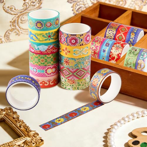 20 Rolls Gold Foil Floral Washi Tape Set Vintage Chinoiserie Decorative Tape Exotic Arts Masking Tapes for DIY Crafts Scrapbooking Bullet Journaling Planner Gift Wrapping - color: W