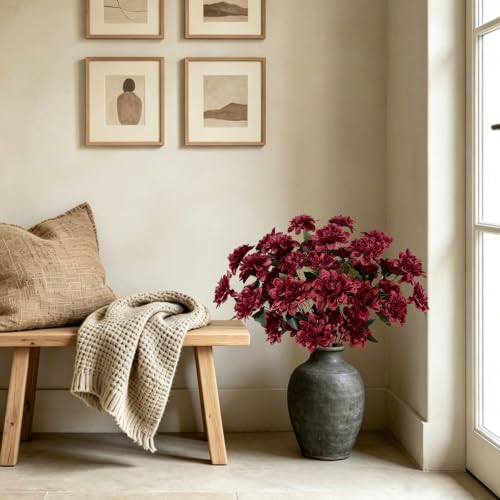 16 PCS Dahlia Artificial Flowers Burgundy Silk Bouquet Faux Chrysanthemum Flowers Arrangement Fake Red Flowers with Stems for Vase Home Centerpieces Tables Kitchen Wedding Decor - color: Burgundy