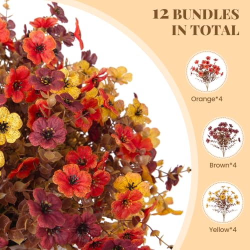 INXUGAO 12PCS Fake Artificial Fall Mums Flowers for Outdoor Decoration Faux Silk Fall Flowers Plants for Outdoor Planters UV Resistant Daisy for Home Decor - color: Fall-orange Brown Yellow