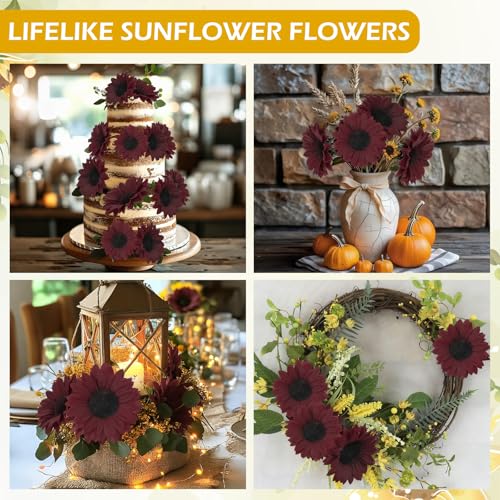 Coferset 40pcs Fake Sunflower Heads with Stems, 4" Sunflower Artificial Silk Flower Heads for Crafts, Sunflower Decorations for Graduation Party Baby Shower Wedding Home Decor(Burgundy) - color: Burgundy-40pcs