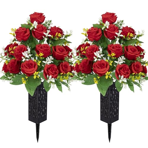 LVXINLI 2 Sets Artificial Cemetery Flowers,Memorial Flowers,Beautiful Arrangements for Headstones,Black Plastic vase with Drainage Hole Long Spikes Outdoor Memorials (red) - color: Red
